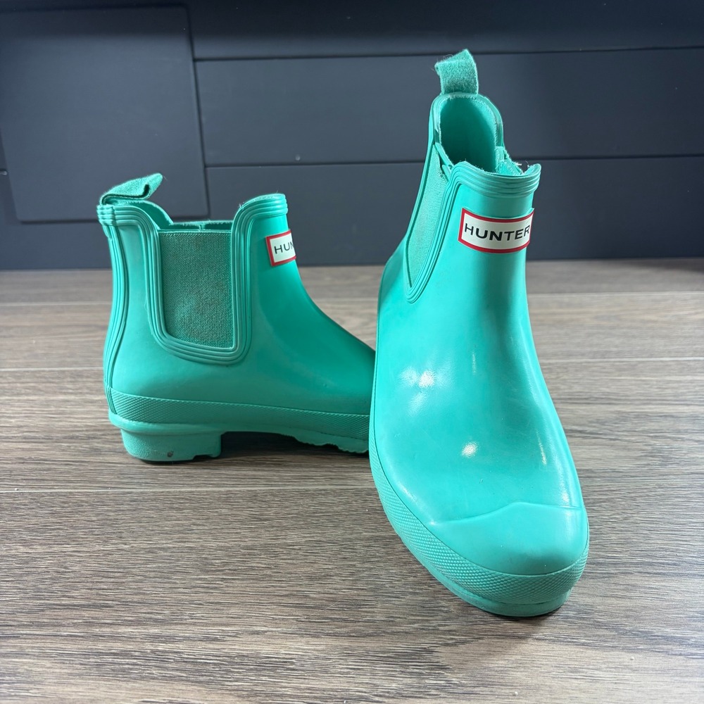 Hunter Original Chelsea Rain Boots Turquoise Green Ankle Rubber Waterproof Sz 7